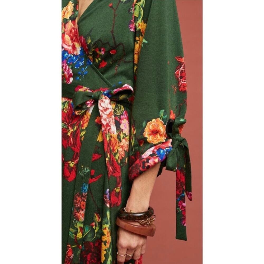 Anthropologie Eva Franco Green Floral Dahlia Wrap Mini Dress Sz.S - Picture 2 of 15